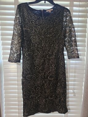 NWOT Gibson Latimer Black Lace  Dress with Gold Metallic Thread Sz 6